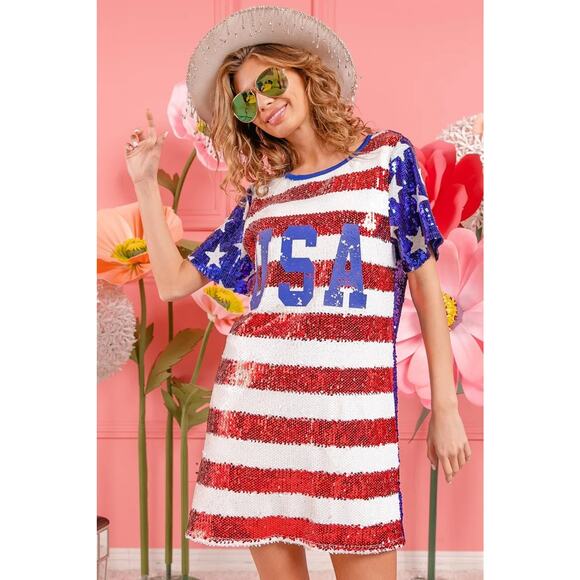 BiBi American Flag Theme USA Print Colorful Sparkly Sequin Crew Neck Mini Dress - Picture 8 of 14